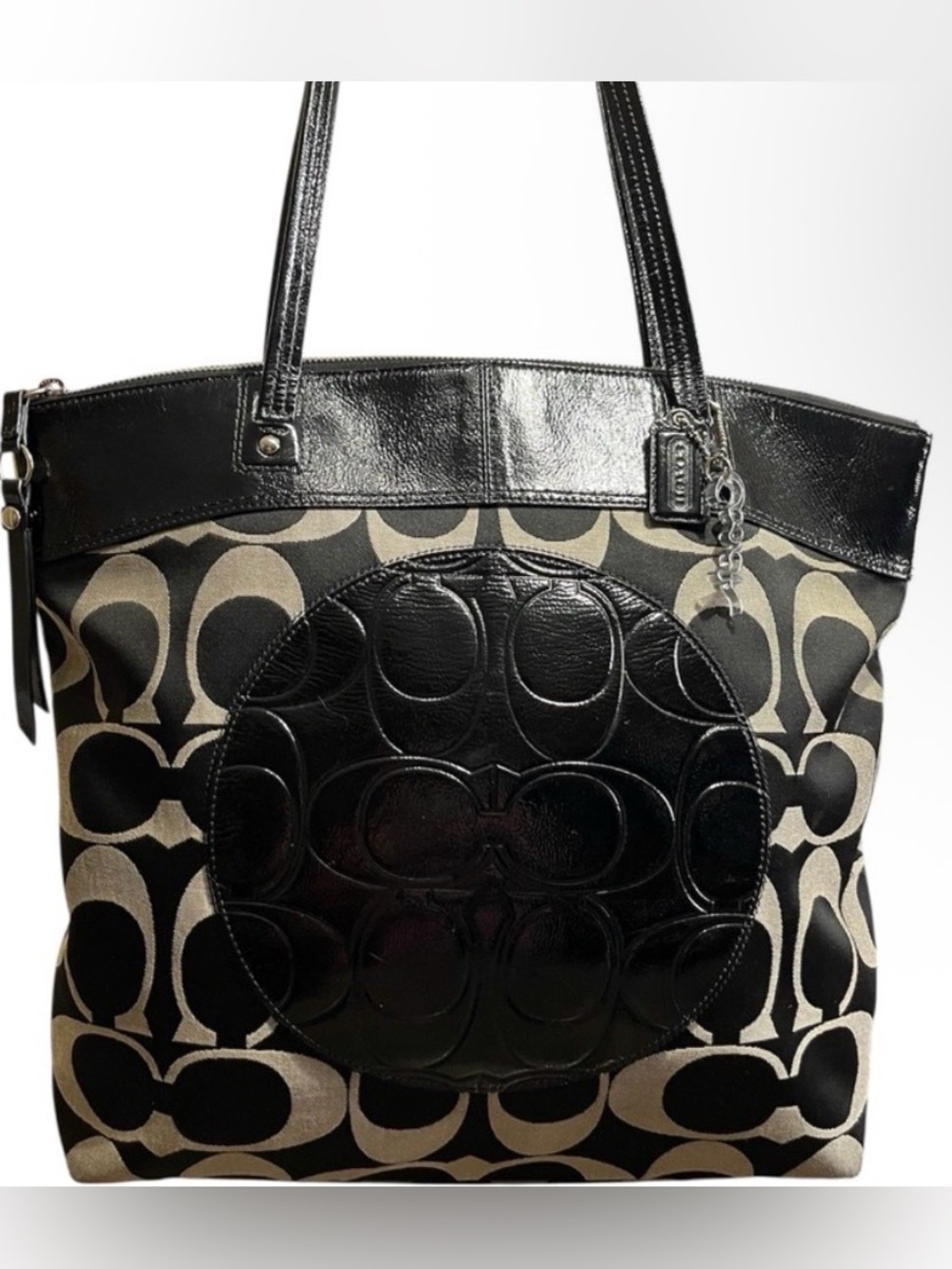 Coach EUC Laura Signature Canvas Tote with Patent Leather Accents